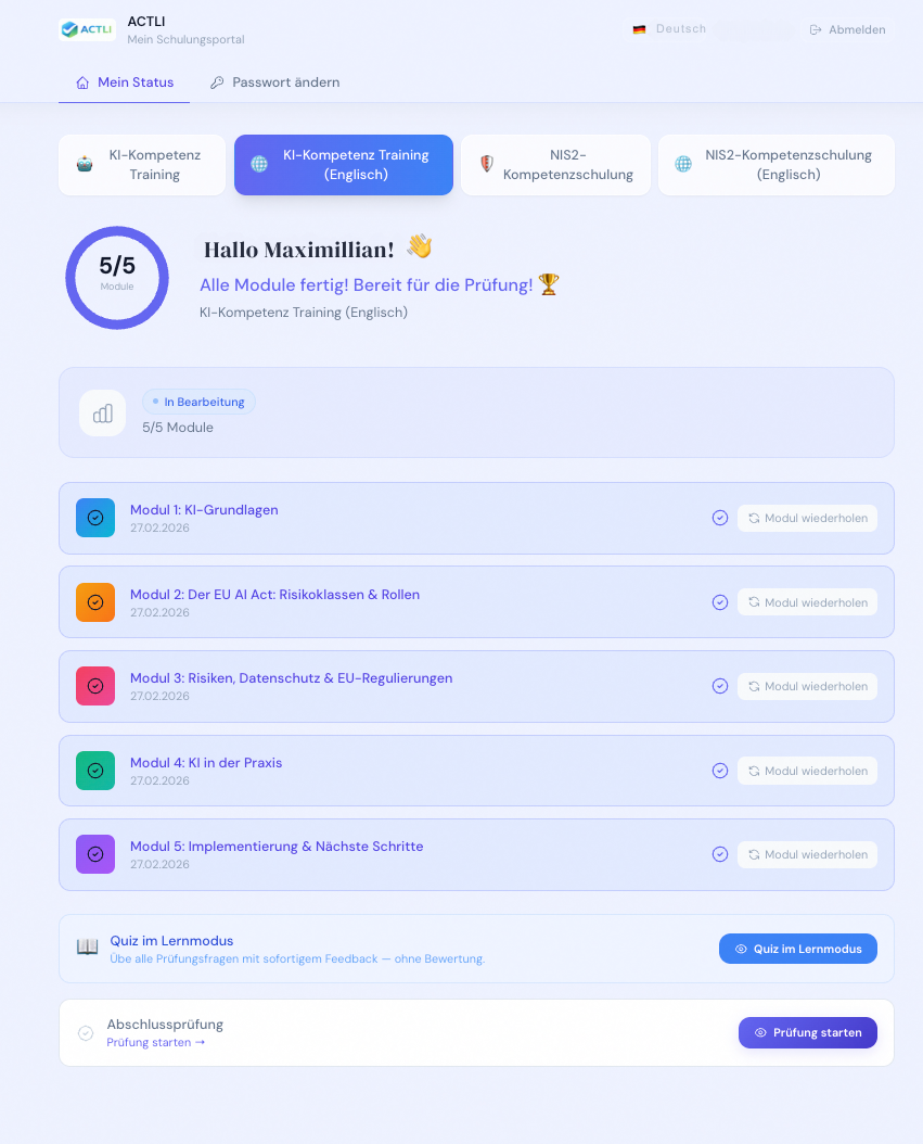 ACTLI Learner Dashboard — Kursübersicht mit Modulen und Fortschrittsanzeige